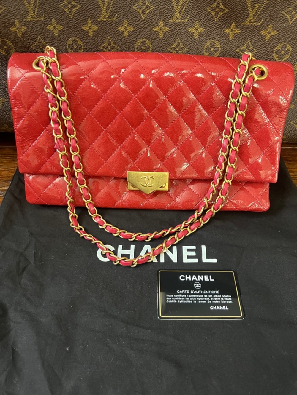 CHANEL Quilted Red Lambskin Shoulder Bag with Gold Chain
